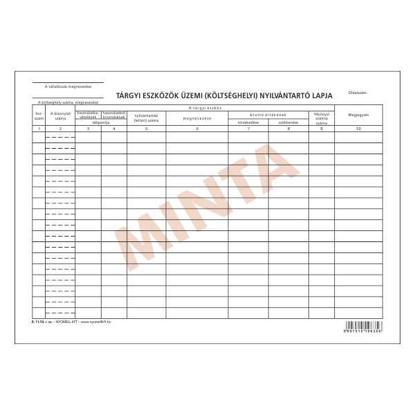 B.11-54/ÚJ TÁRGYI ESZKÖZÖK KÖLTSÉGHELYI NYILVÁNTARTÓ LAPJA