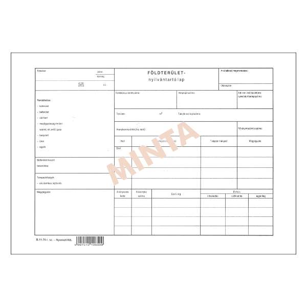 B.11-75 FÖLDTERÜLET NYILVÁNTARTÓLAP A/4, FEKVŐ, 2 O., A/4, FEKVŐ, 2 O.