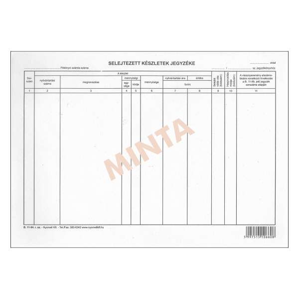 B.11-94 SELEJTEZETT KÉSZLETEK JEGYZÉKE, FEKVŐ, 50 LAPOS, A/4