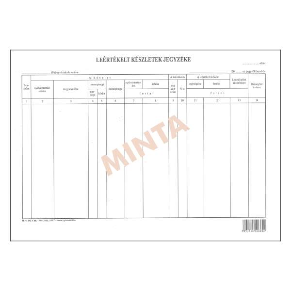B.11-96 LEÉRTÉKELT KÉSZLETEK JEGYZÉKE, FEKVŐ, 50 LAPOS, A/4