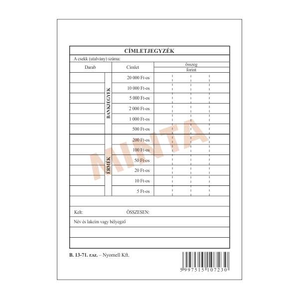 B.13-71 CIMLETJEGYZÉK, ÁLLÓ, 1 OLDALAS, A/6