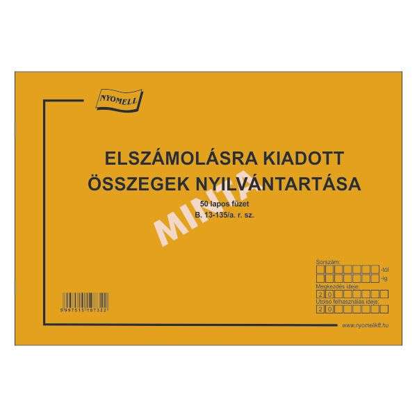B.13-135/A ELSZÁMOLÁSRA KIADOTT ÖSSZEGEK NYILVÁNTARTÁSA, FEKVŐ, 50 LAPOS, A/4