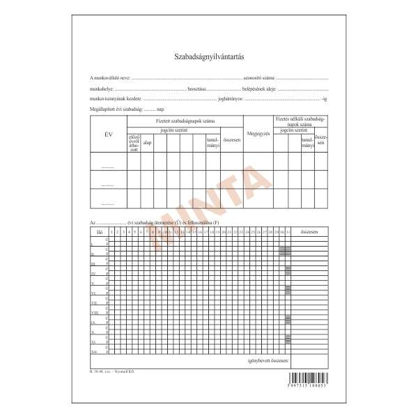 B.18-48 SZABADSÁGNYILVÁNTARTÓLAP, 150 G/M2 OFSZET, A/4, 1+1 SZÍN