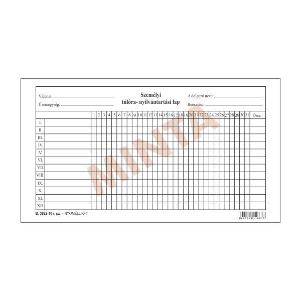 B.3922-10 SZEMÉLYI TÚLÓRA NYILVÁNTARTÓ