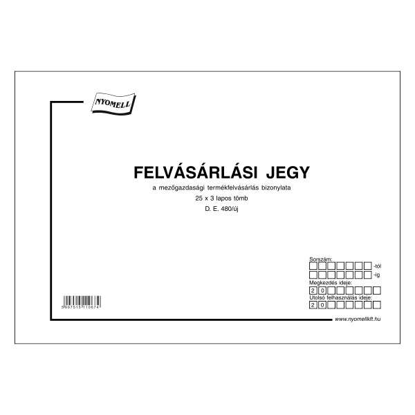 D.E.480/UJ/V FELVÁSÁRLÁSI JEGY MEZŐGAZDASÁGI, 25X3 PÉLDÁNYOS, A/4