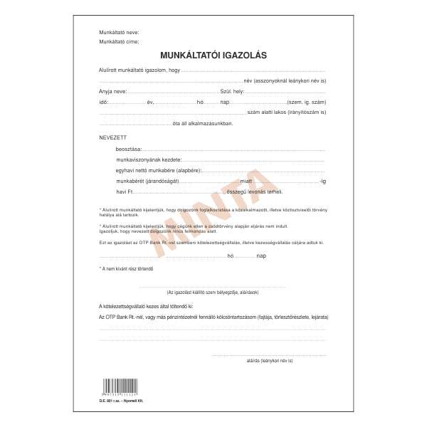 D.E.801 MUNKÁLTATÓI IGAZOLÁS