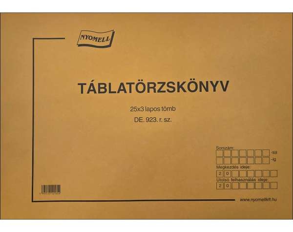 D.E.923/V TÁBLATÖRZSKÖNYV, 25X3 PÉLDÁNYOS, A/3