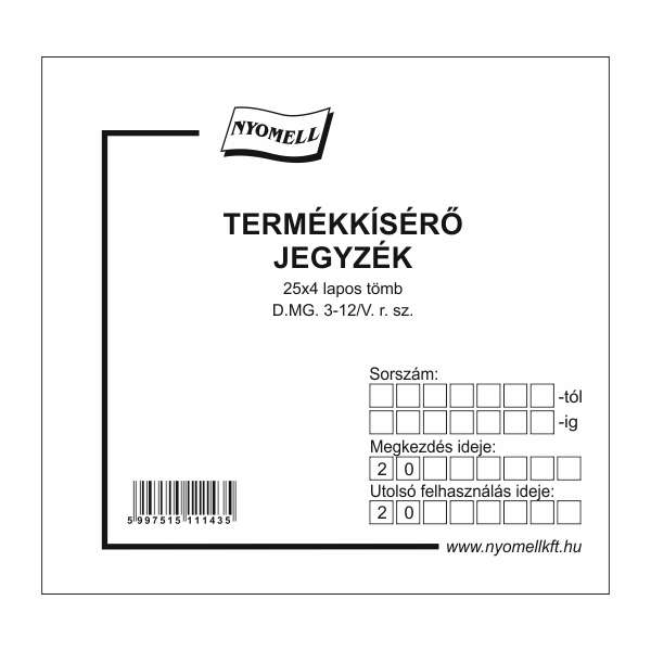 D.MG.3-12/V TERMÉKKÍSÉRŐ JEGYZÉK, 25x4 PÉLDÁNYOS, 135X150 MM