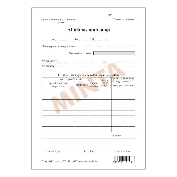 D.MG.6-13 ÁLTALÁNOS MUNKALAP, SORSZÁMOZOTT, A/5, 1+1 SZÍN