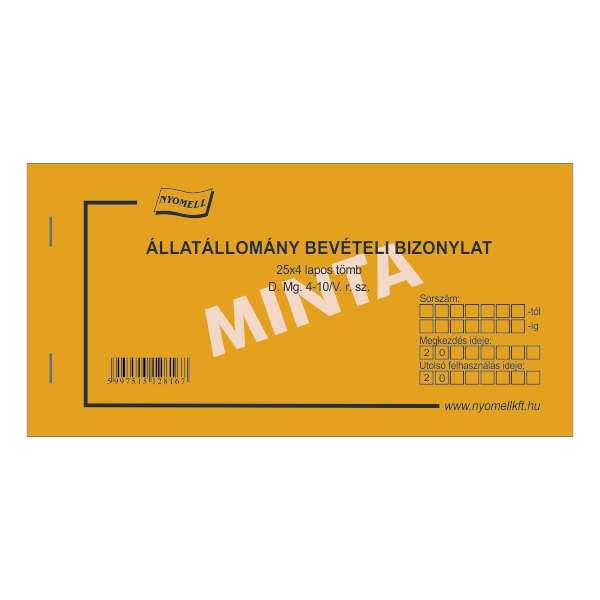 D.MG.4-10/V ÁLLATÁLLOMÁNY BEVÉTELI BIZONYLAT, 25X4 PÉLDÁNYOS, 200x100