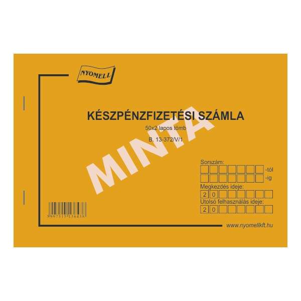 B.13-372/V/1 2008-AS KÉSZPÉNZFIZETÉSI SZÁMLA 1 ÁFÁS, 50*2 LAPOS, A/5,